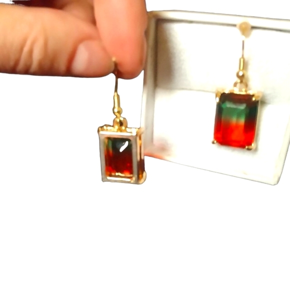 Watermelon Tourmaline Emerald Cut (simulated) Goldtone Dangle Earrings 💎 - Picture 3 of 6